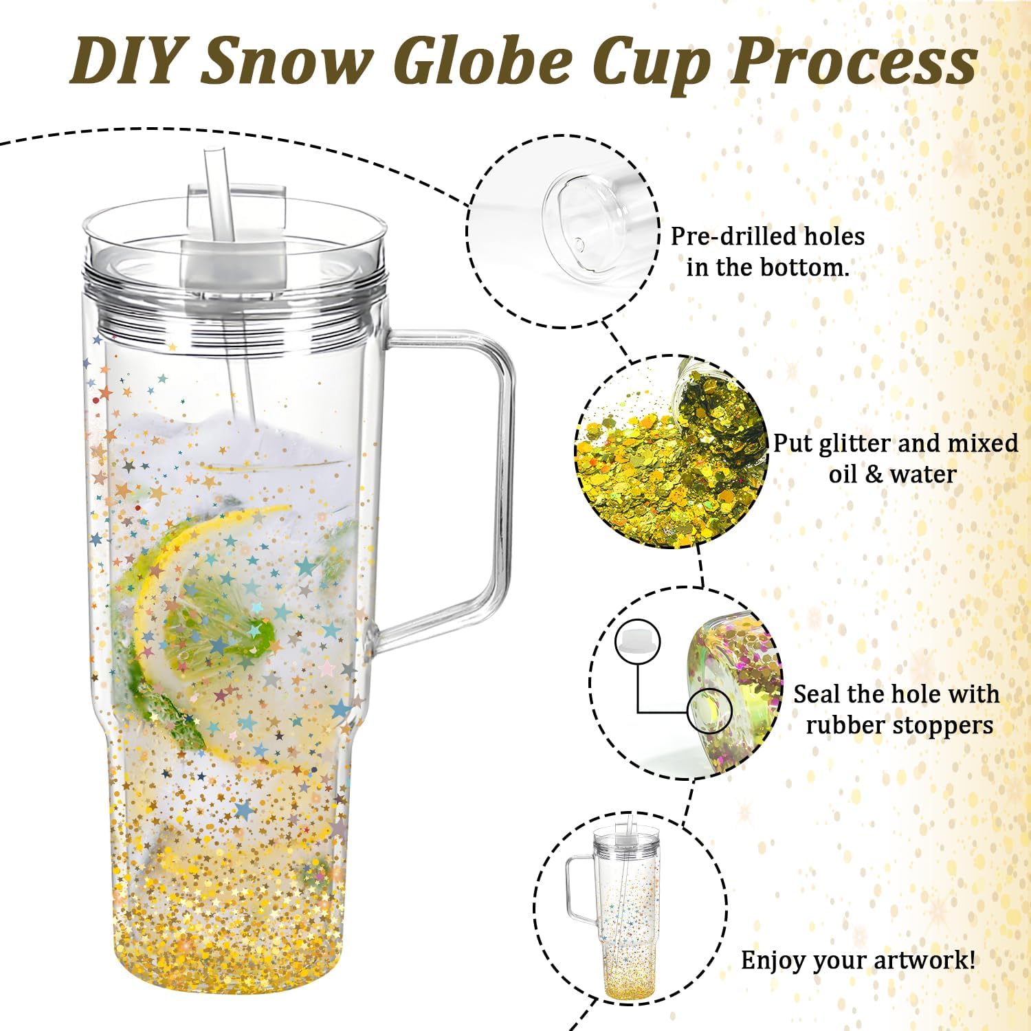 40oz Acrylic Snowglobe Tumbler, Pre Drilled Snow Globe Cup with Handle, Plastic Double Wall Snowglobe Cup for Glitter, Clear DIY Tumbler with Plug and Pre Hole - Image 3