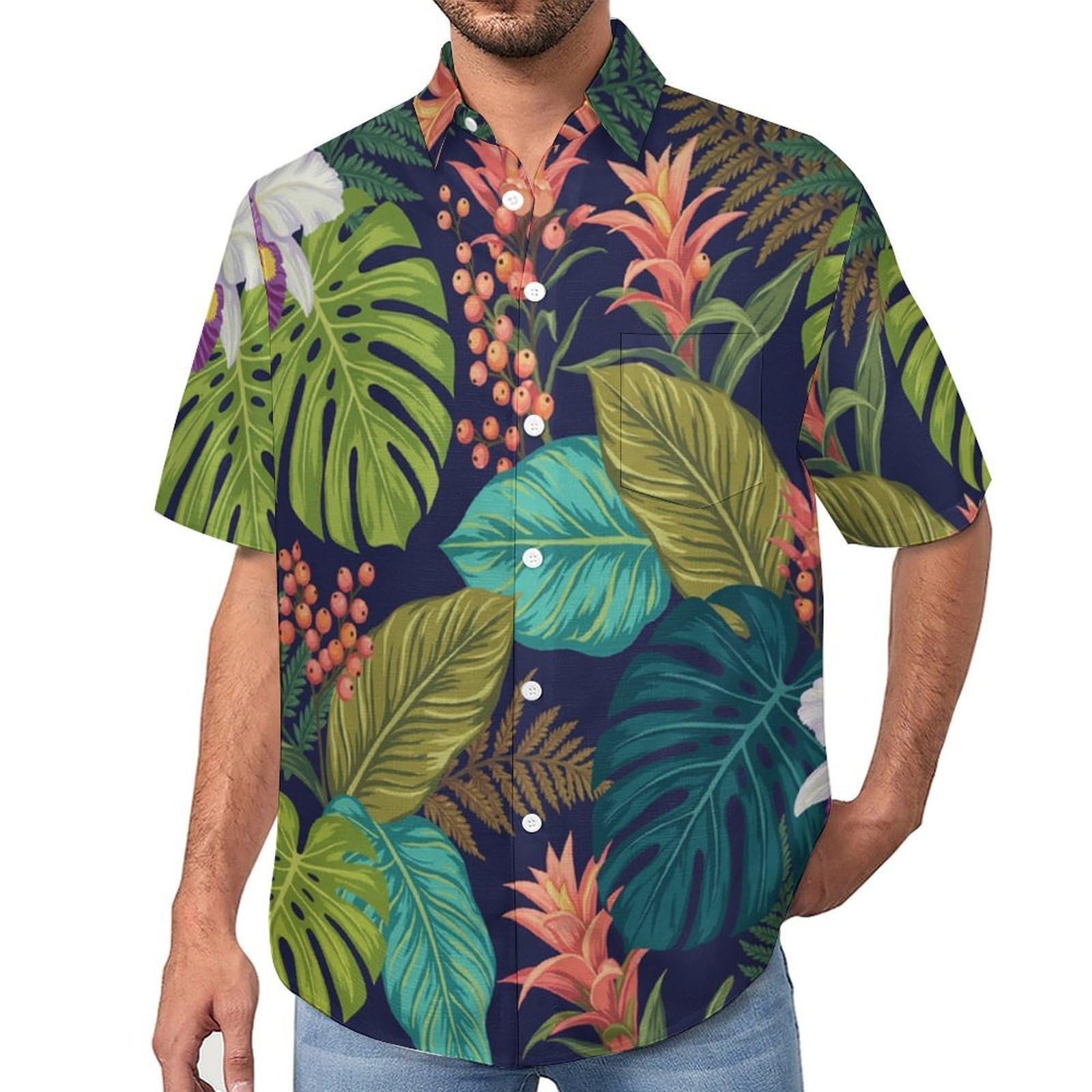Funky Camicia Hawaiana Uomo, Manica Corta Design Aloha Camicie con Bottoni, Estiva Camicie a Orchidea Monstera Deliciosa Casual Stampa Spiaggia Estate Pianta Tropicale Camicia