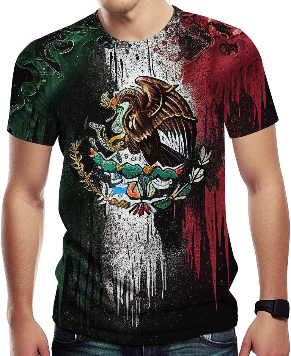 TiwBski Novelty Mexico Flag Print T-Shirts for Men Graffiti Design Shirt with Short Sleeves