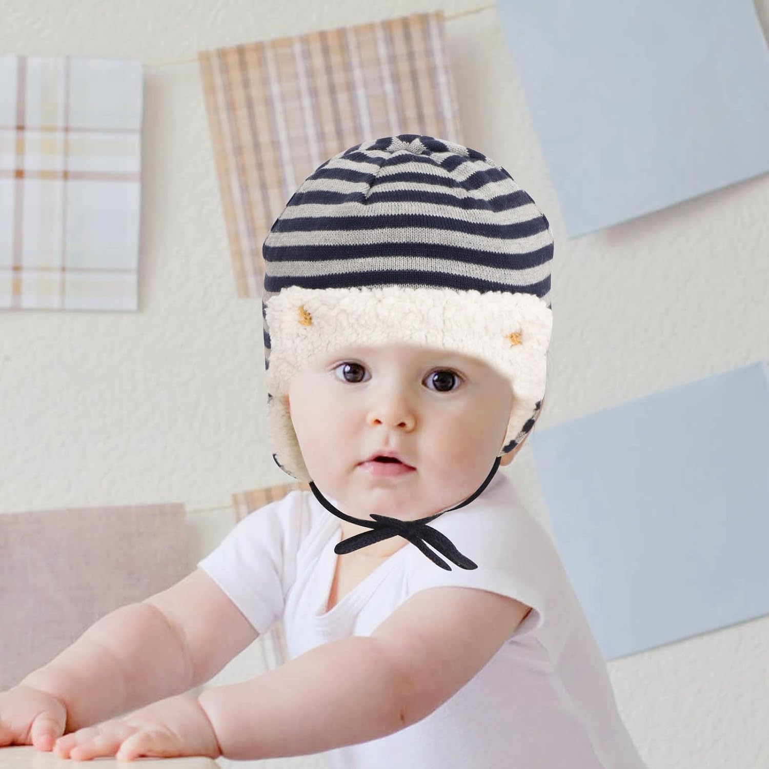 Cotton Ear Protection Winter Hat for Boys, Elastic Warm Ski Cap with Simple Design, for Outdoor Ski and Taking Photos, Size 48-50cm for Ages 1-2 Years Multi