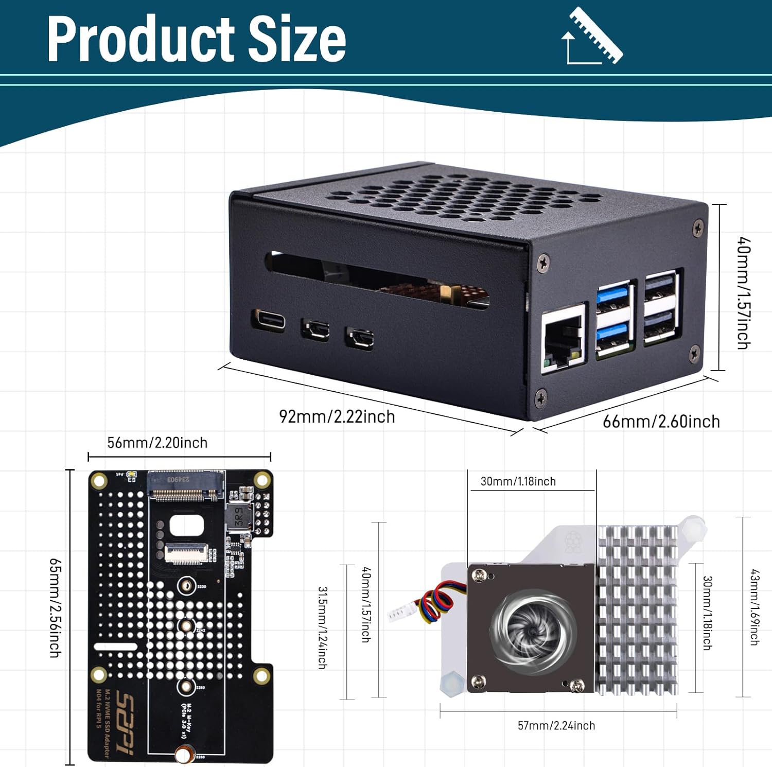 GeeekPi Metal Case with N04 PCIe M.2 Key-M NVMe SSD PCIe Peripheral Board for Raspberry Pi 5, with Official Active Cooler