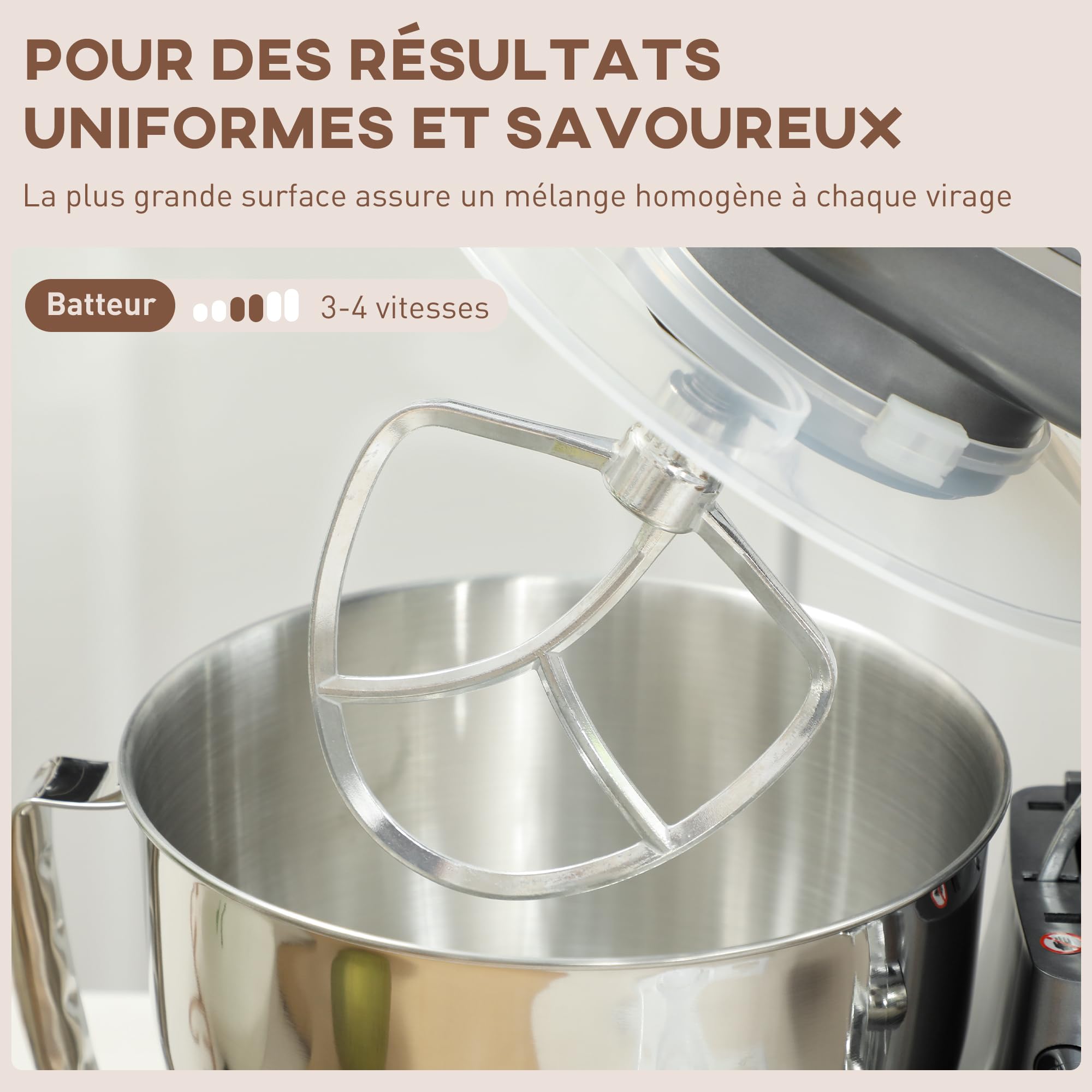 HOMCOM Robot Pâtissier 1300 W, Robot Pétrin Professionnel 4,5 L, Bol d'Acier Inoxydable, 6+P Vitesses et Pulse, Tête Inclinable, Crochet à Pâte, Fouet, Batteur, Spatule, Pare-Éclaboussures, Argent
