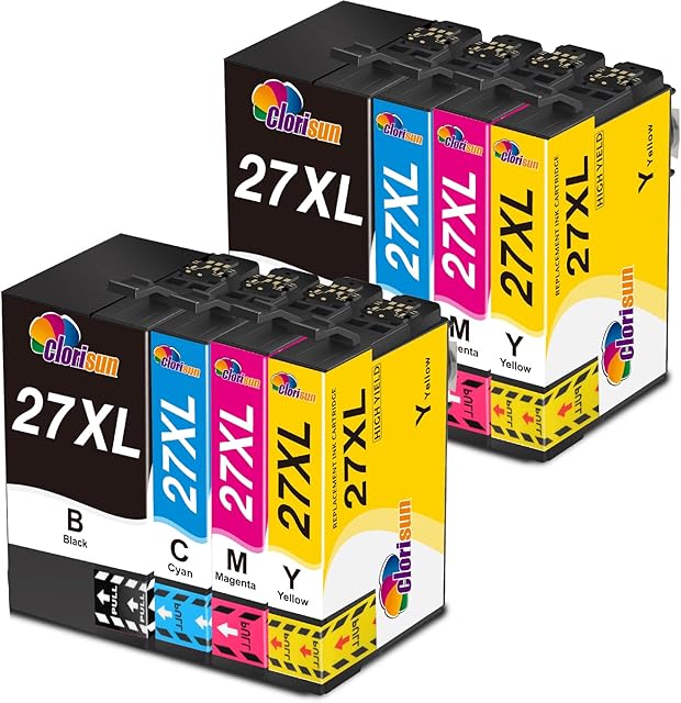 Clorisun 27XL Ink Cartridges for Epson 27XL 27 XL Ink for Epson WF-7710 WF7710 WF-7710DWF WF-3620 WF3620 WF-7610 WF7610 WF-7620 WF-7715 WF-7210 WF-3640 WF3640 WF-7110 Black Cyan Magenta Yellow(8 Pack)