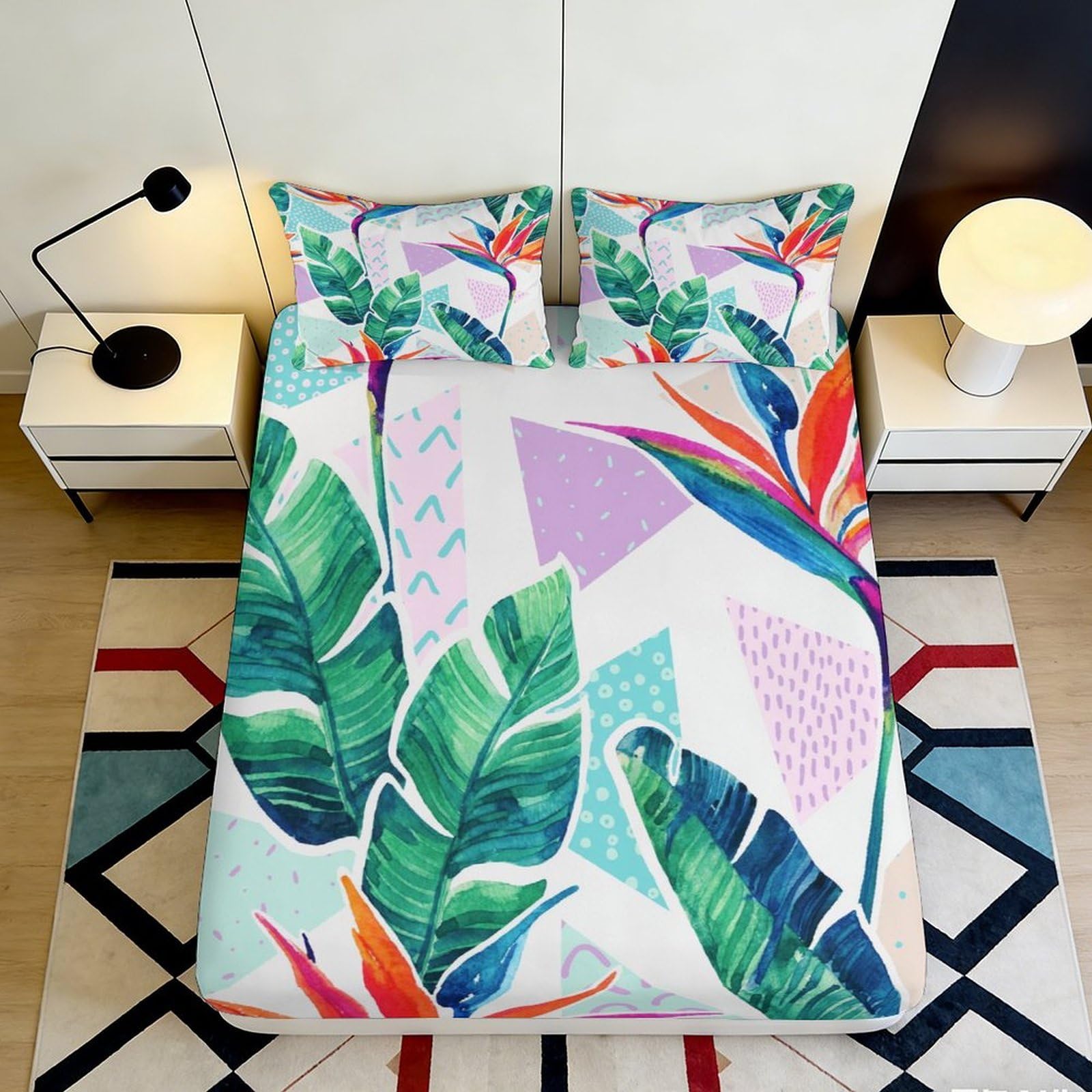 3D Printed Tropical Banana Leaf Fitted Sheet Microfiber Soft Vibrant Bird Paradise Mattress Cover Bedroom Decor 90x200x25cm