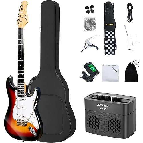 AODSK Electric Guitar with Amp Beginner Kit 39 Inch Solid Body Full Size,All Accessories,Digital Tuner,Six Strings,Four Picks,Tremolo Bar,Strap,Gig Bag,Starter kit (Sunburst-SSS)