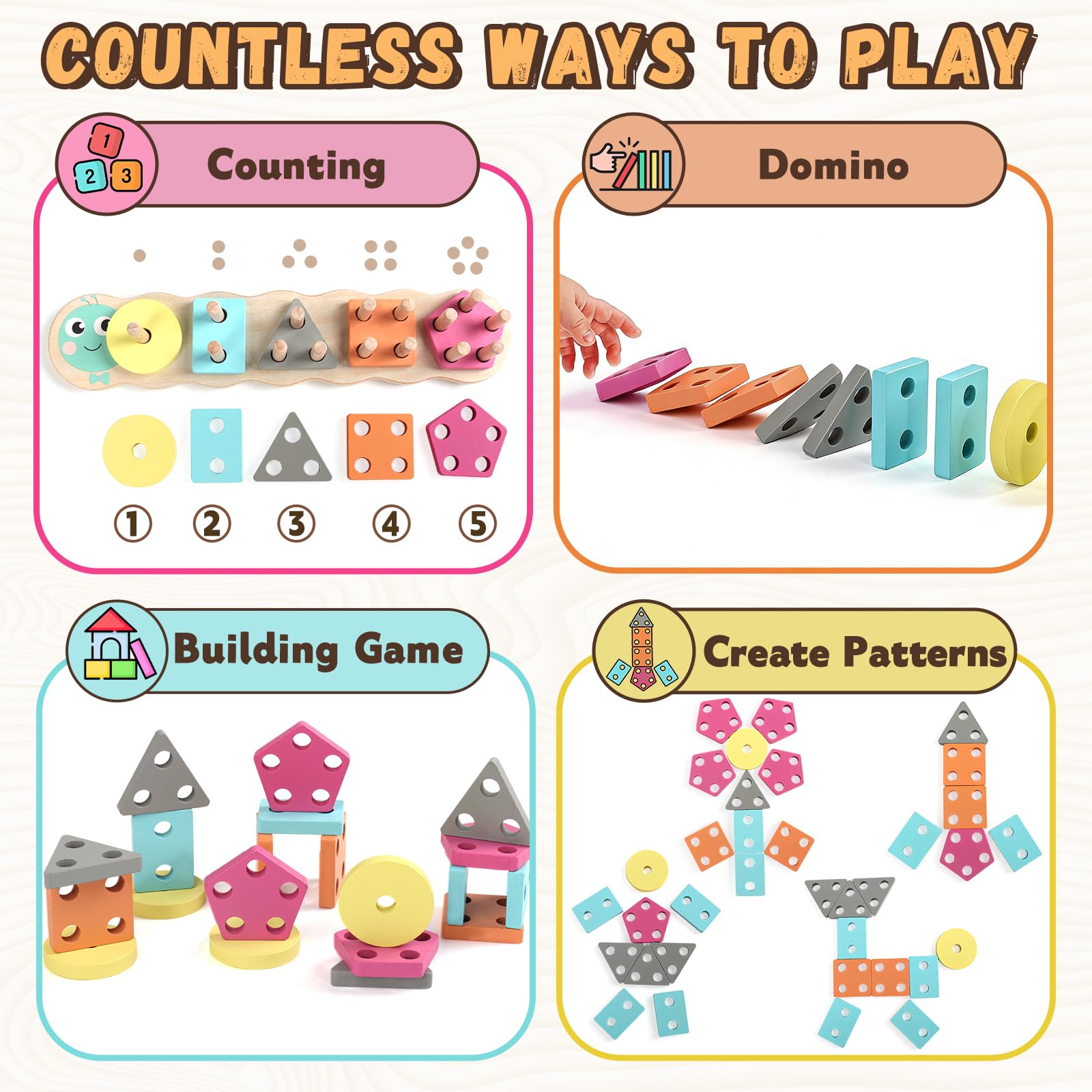 Rtomry Montessori Spielzeug ab 1 Jahr - Holzspielzeug ab 1 Jahr Steckspiel & Motorikspielzeug für Baby & Kinder - Pädagogisches Lernspielzeug & Geschenk 1. Geburtstag Junge Mädchen(Caterpillar Design) - 4