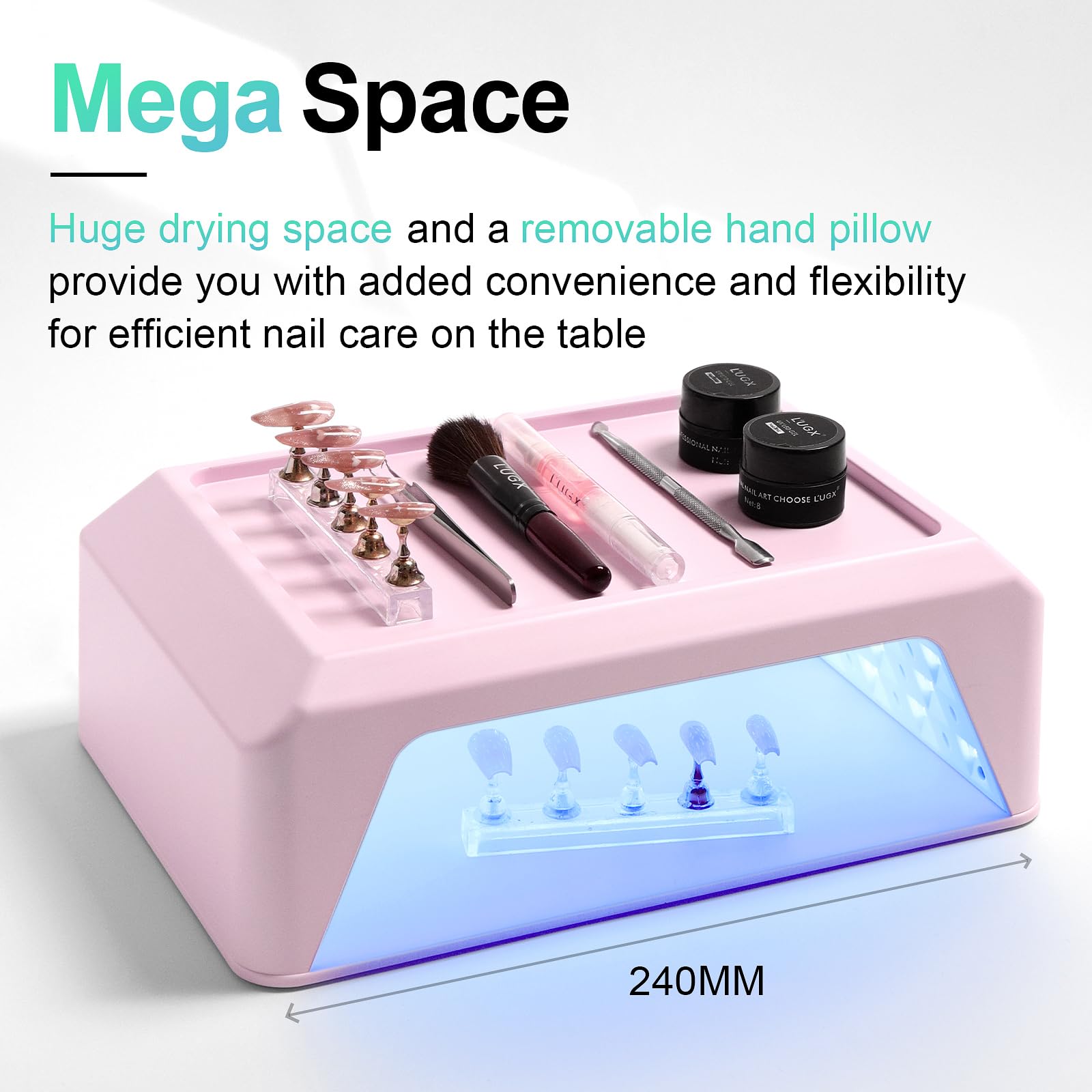 L'UGX Lampada professionale per polimerizzazione unghie per asciugatura smalto gel 72 W LED UV con cuscino bracciolo e vassoio retrattile, perfetta per manicure e pedicure in salone e a casa, rosa