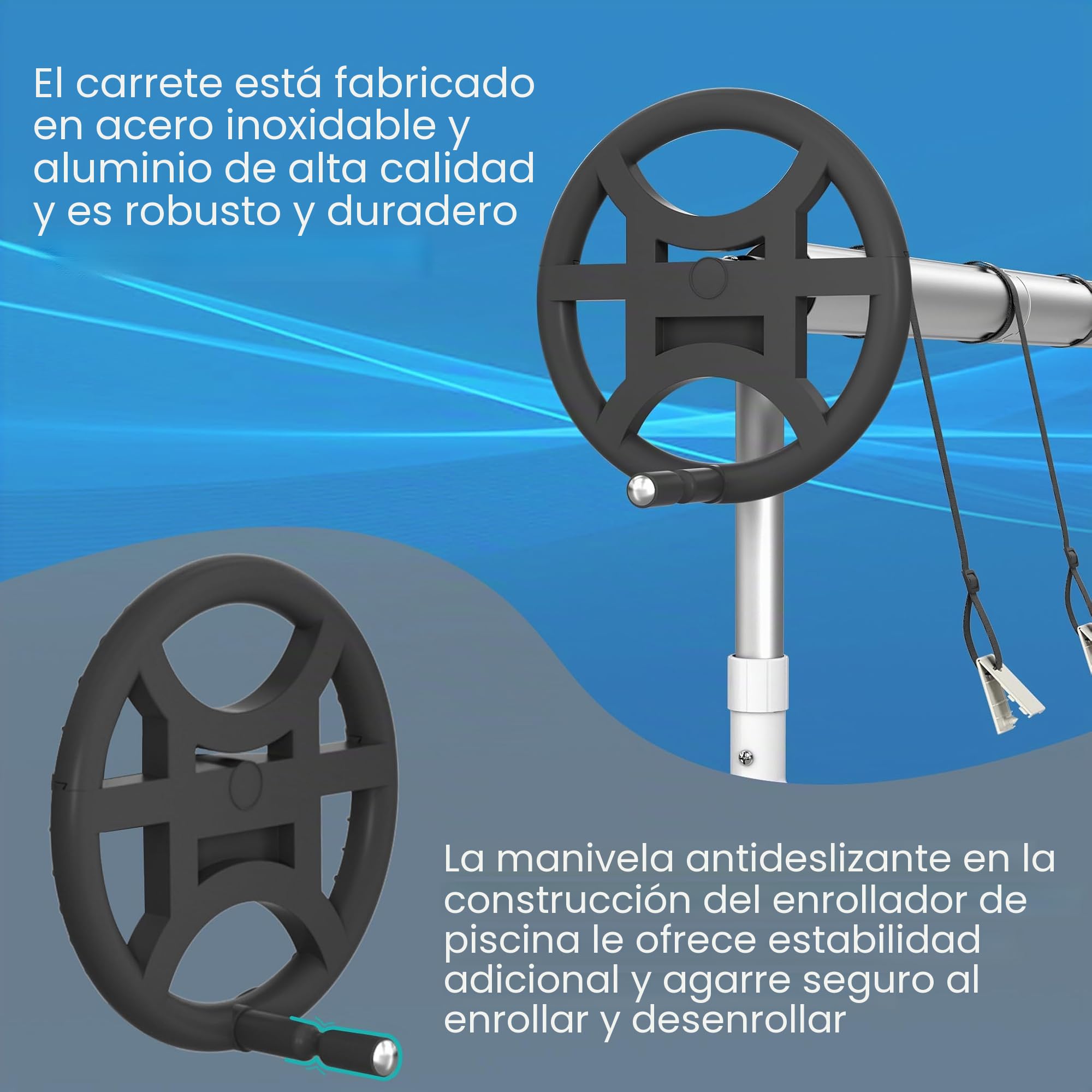 Aufun Sistema de enrollado de piscina Premium 3-5,70 m con 2 neumáticos, enrollador para película solar, dispositivo de enrollado para lona de piscina y cubierta, incluye cintas, material resistente a
