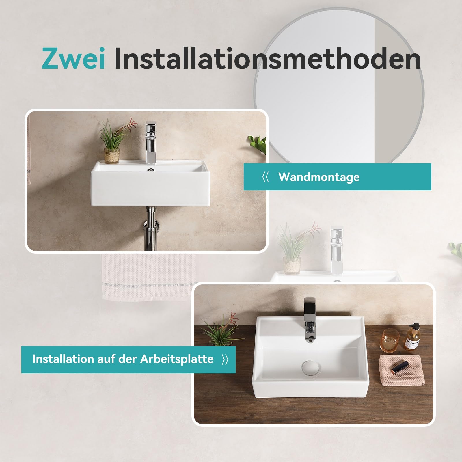 Waschbecken 45 cm Breit Eckig, Aufsatzwaschbecken mit Überlauf, Kleine Waschbecken Gäste WC, Hängewaschbecken Bad aus keramik in Weiß, Mini Waschtisch mit Rand