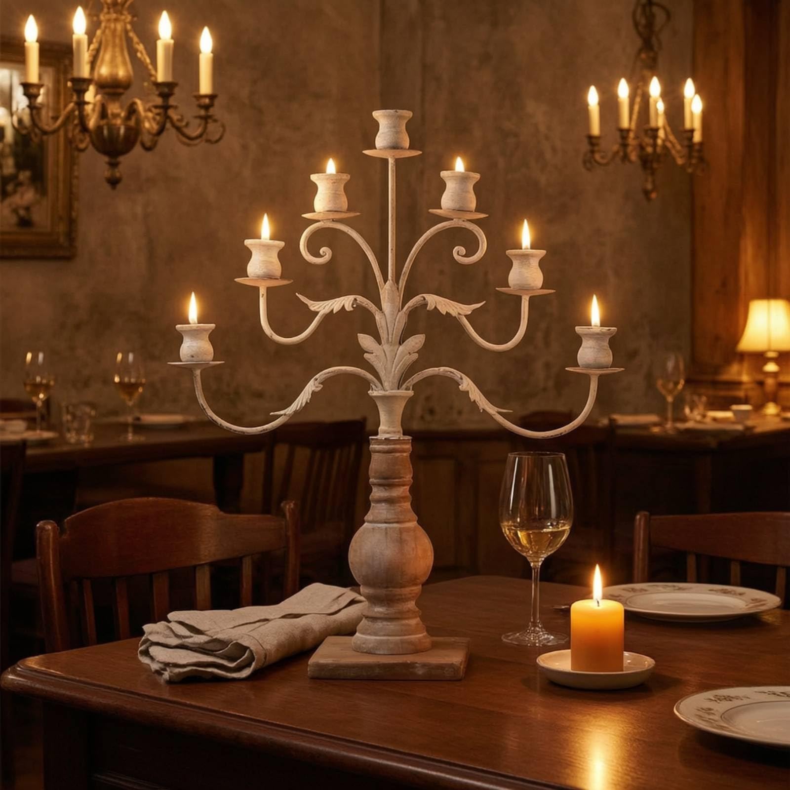 Qianly Candelabro da Tavolo Elegante Candelabro con Base in Legno Rustico Portacandele per Matrimonio, Ristorante