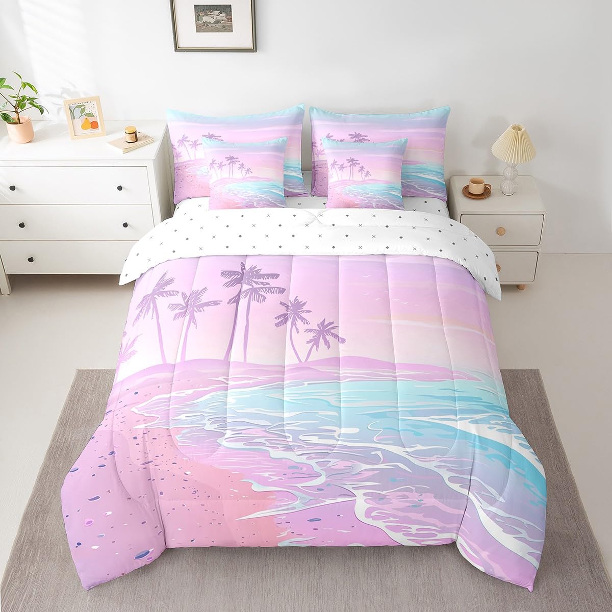 Juego de ropa de cama de cocotero tamaño individual color morado y azul playa de 7 piezas