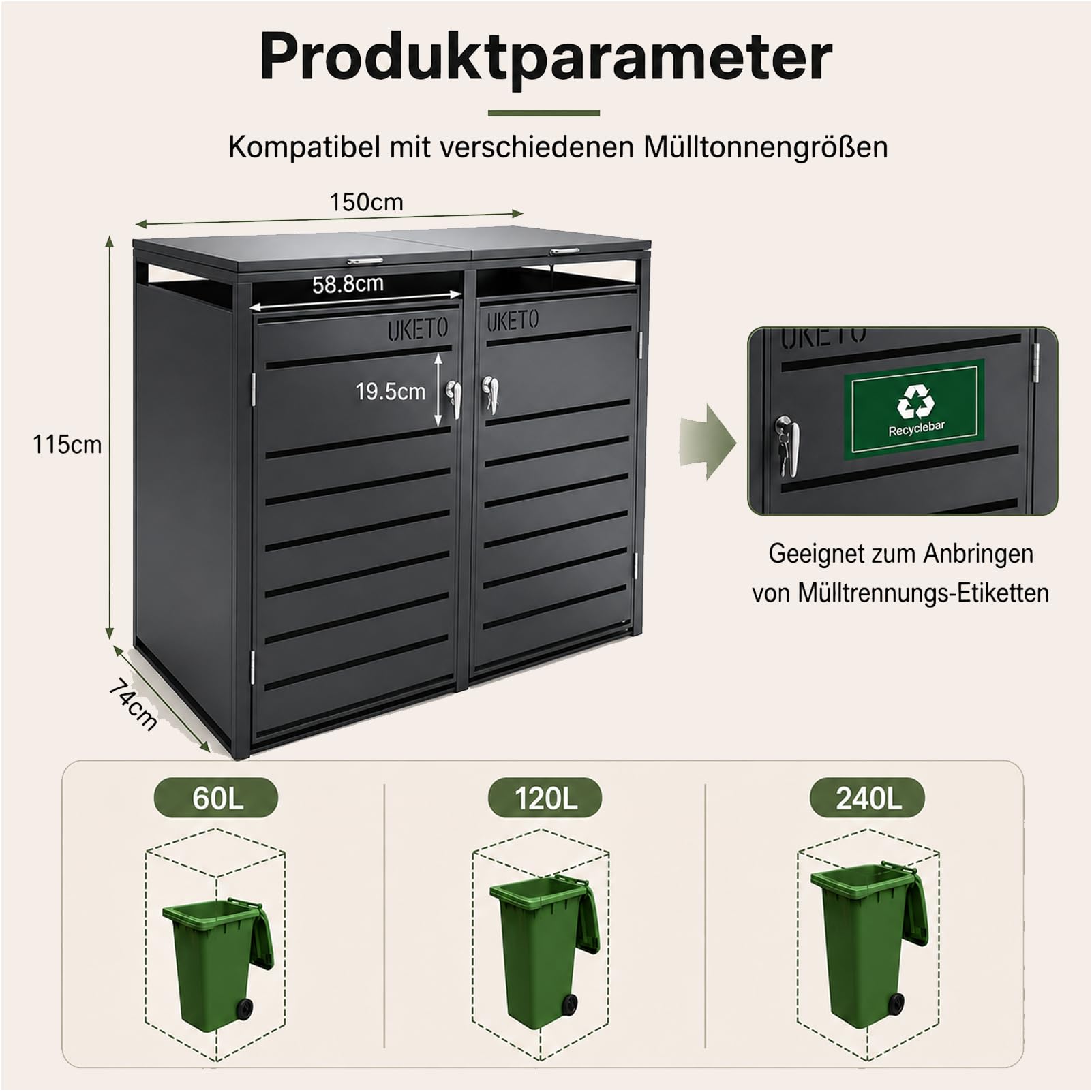 Mülltonnenbox 2er aus verzinktem Stahl für 2 Tonnen bis je 240 L