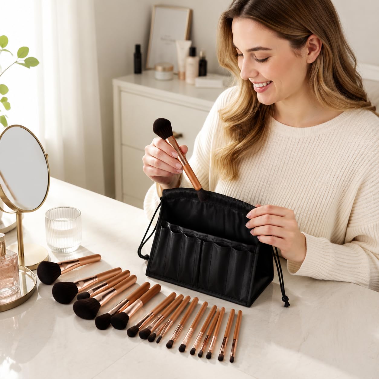 Set Pennelli Trucco 17 Pezzi, Manico, Fusto in metallo, Pennelli Trucco Oc, Sfumature, Per Estetiste, Set di 17 pennelli per trucco rosso acero con borsa pieghevole nera con coulisse