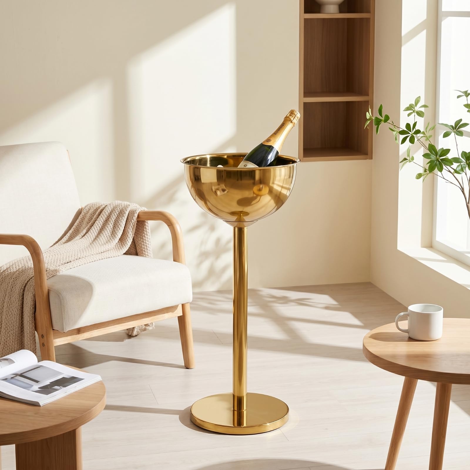 Soporte de Vino Soporte Cubo Botellero Pedestal Porta en Acero Inoxidable Liso Vertical y Base Pesada Adecuado para Servicio de Cócteles en Casa Salas , Plateado , Redondo Con Soporte