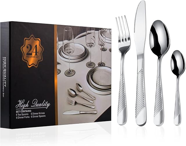 Cutlery Set, 24 Piece Knife and Fork Sets, Stainless Steel Tableware Set with Hammered Pattern Design, Silverware Flatware Set Included Forks/Knives/Spoons, Service for 6, Gift Box