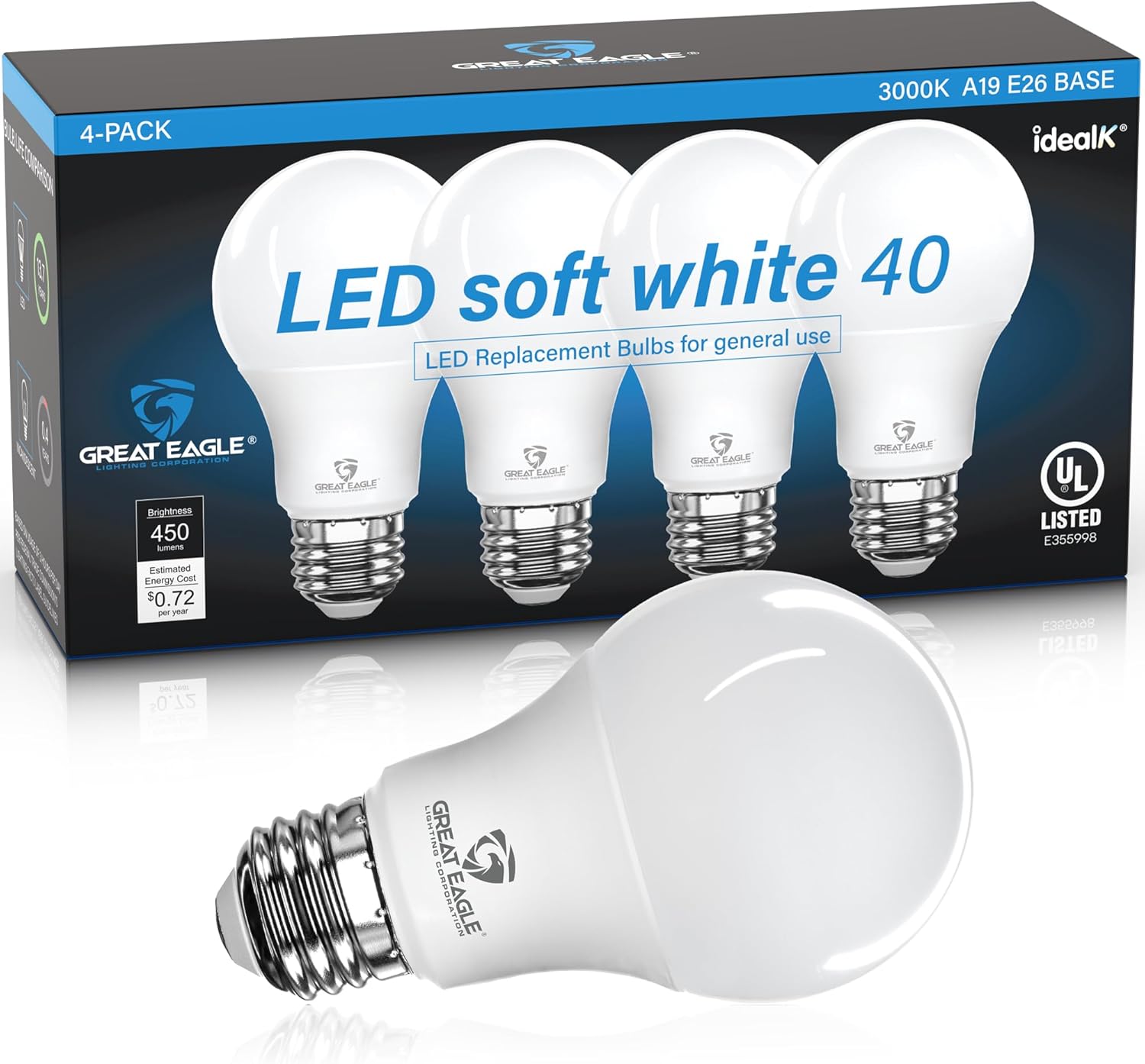 Great Eagle A19 LED Light Bulbs 40 Watt Equivalent - UL Listed - 3000K 40 Watt LED Light Bulbs Soft White, Non Dimmable, Standard Replacement(4 Pack)
