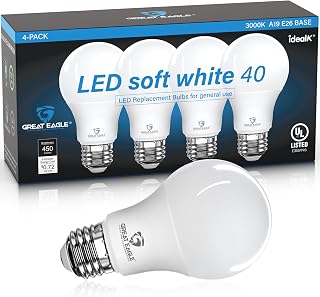 Great Eagle A19 LED Light Bulbs 40 Watt Equivalent - UL Listed - 3000K 40 Watt LED Light Bulbs Soft White, Non Dimmable, Standard Replacement(4 Pack)