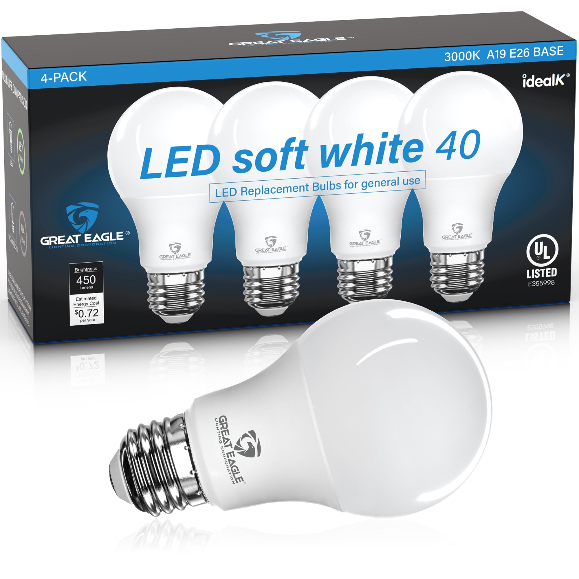 Great Eagle A19 LED Light Bulbs 40 Watt Equivalent - UL Listed - 3000K 40 Watt LED Light Bulbs Soft White, Non Dimmable, Standard Replacement(4 Pack)