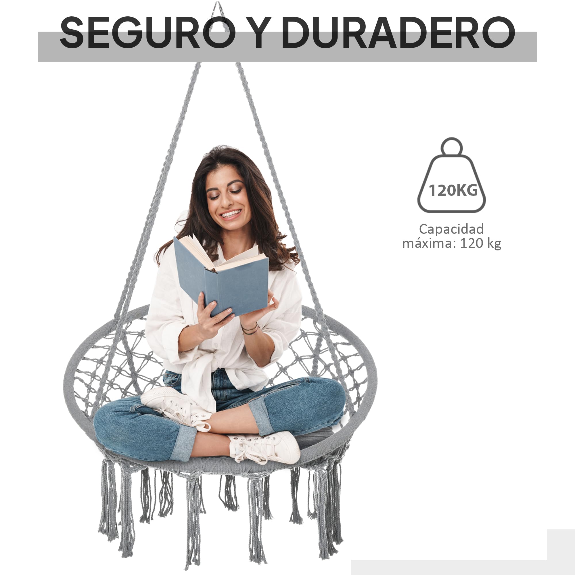 Outsunny Silla Colgante Redondo de Ø60 cm Silla Hamaca Columpio con Cojín y Cuerda de Algodón para Interior y Exterior Carga 120 kg 80x80x42 cm Gris