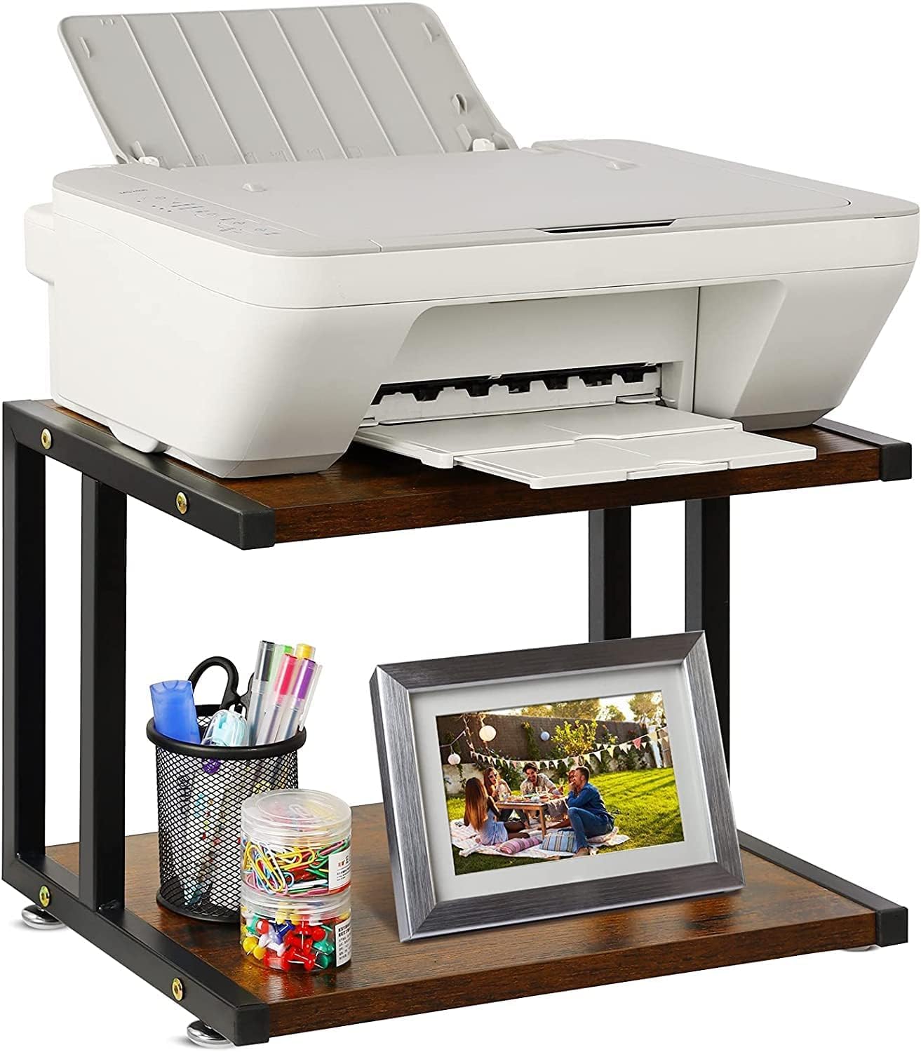 48374 Desktop Printer Stand, Under Desk Storage, 2 Tiers Wood Shelves, Organizer Office Shelf for Fax Machine, Scanner, Files in Office and Home – Black