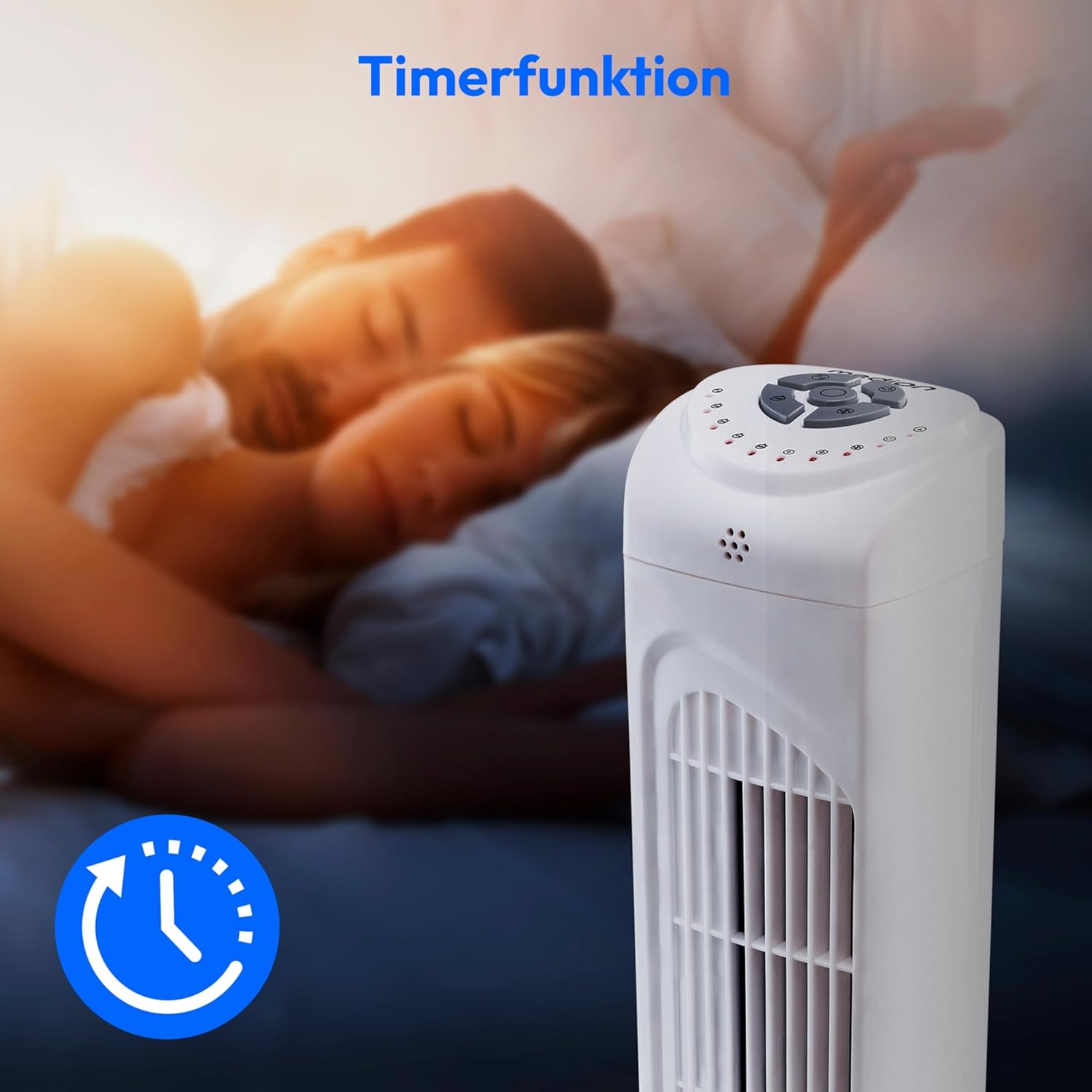 Hand holding the MEDION MD 10319 Tower Fan remote control