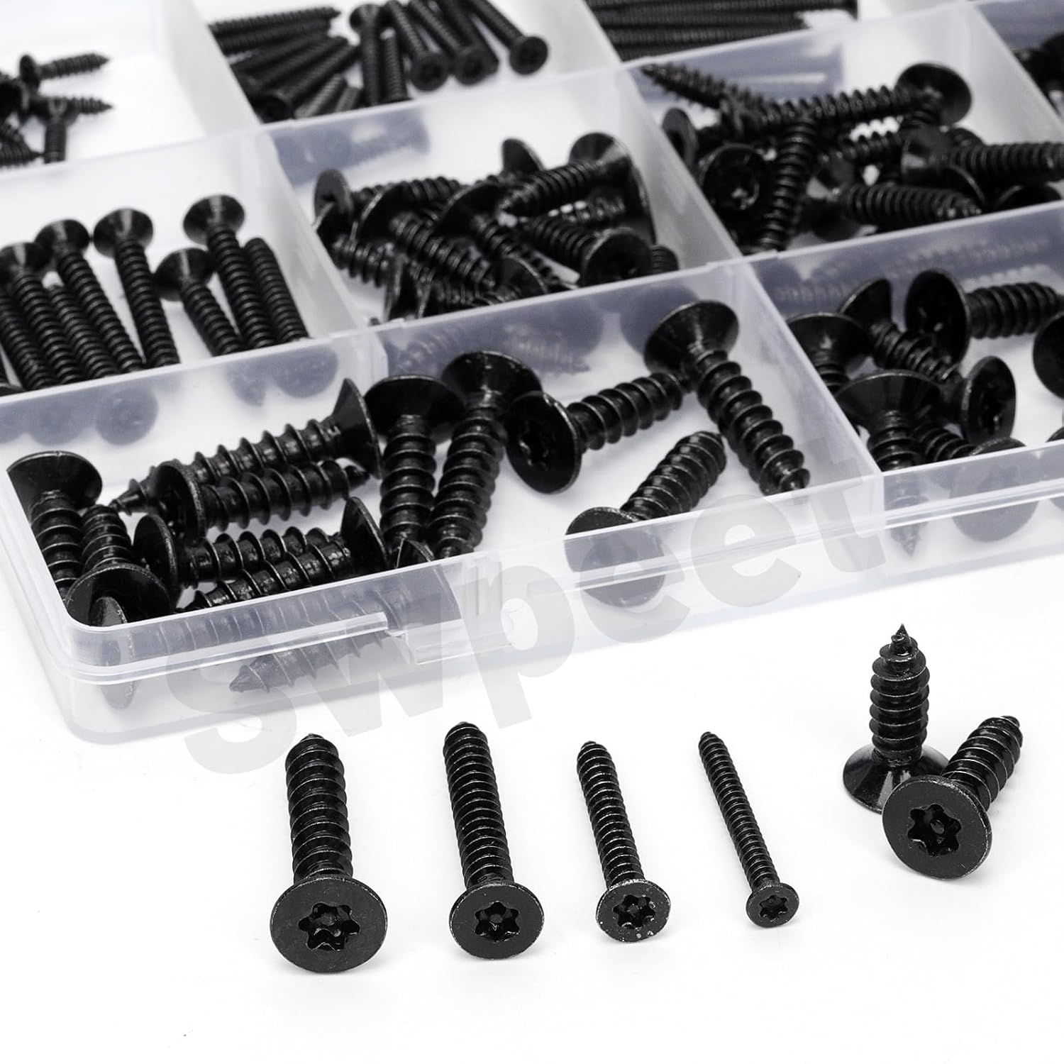 Swpeet 170Pcs 14 Sizes Black 304 Stainless Steel Flat Countersunk Head Torx Screws Assortment Kit, Security Anti-Theft Tamper Proof Screws, Torx Drive Self Tapping Wood Screws for Wood, Soft Metal