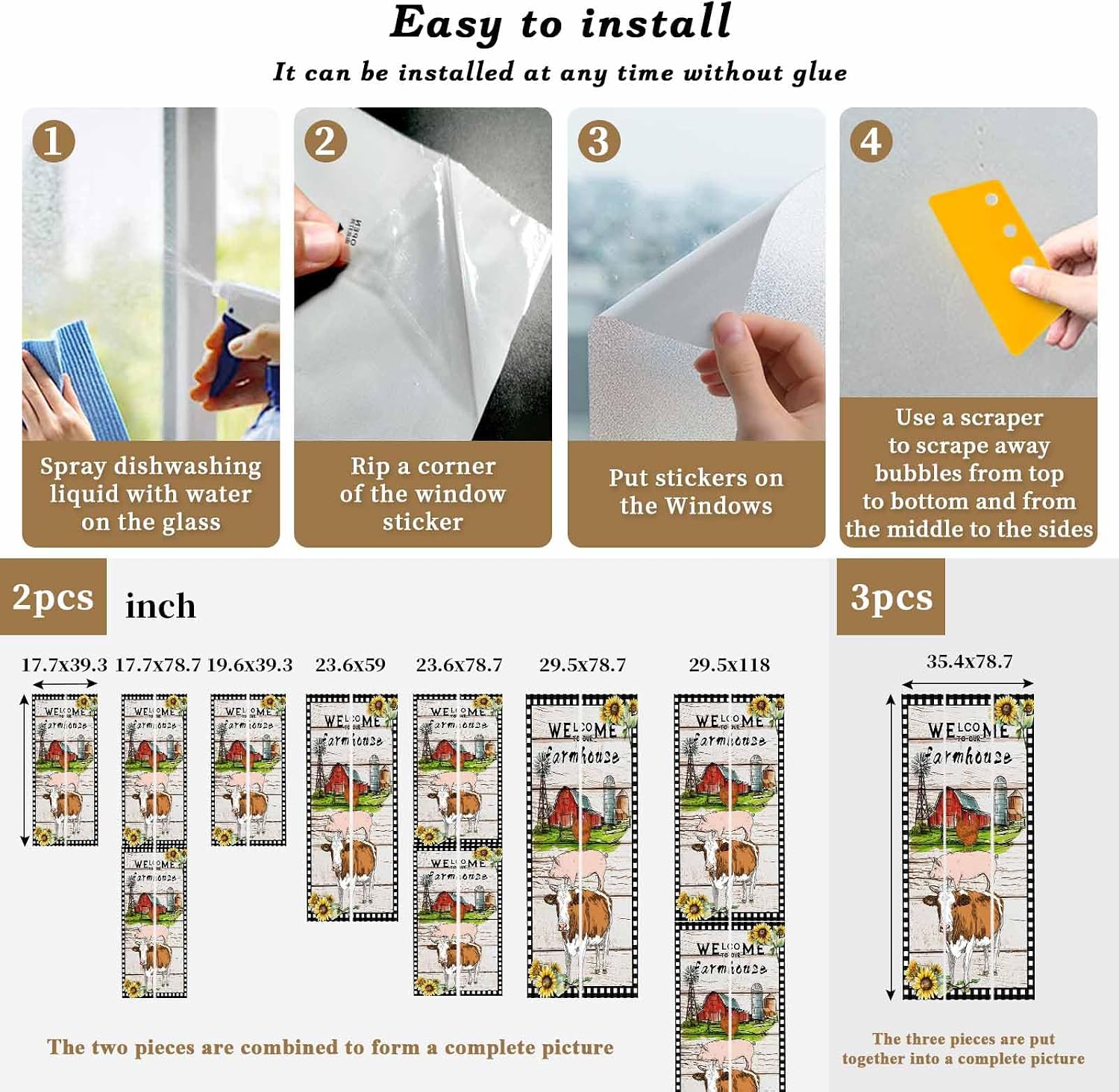 Farmhouse Window Privacy Film Barn Cow Pig Chicken Sunflower Wood Grain Decorative Glass Window Film UV Blocking Static Cling Non-Adhesive Sticker Covering for Home Door 35.4x78.7 inches