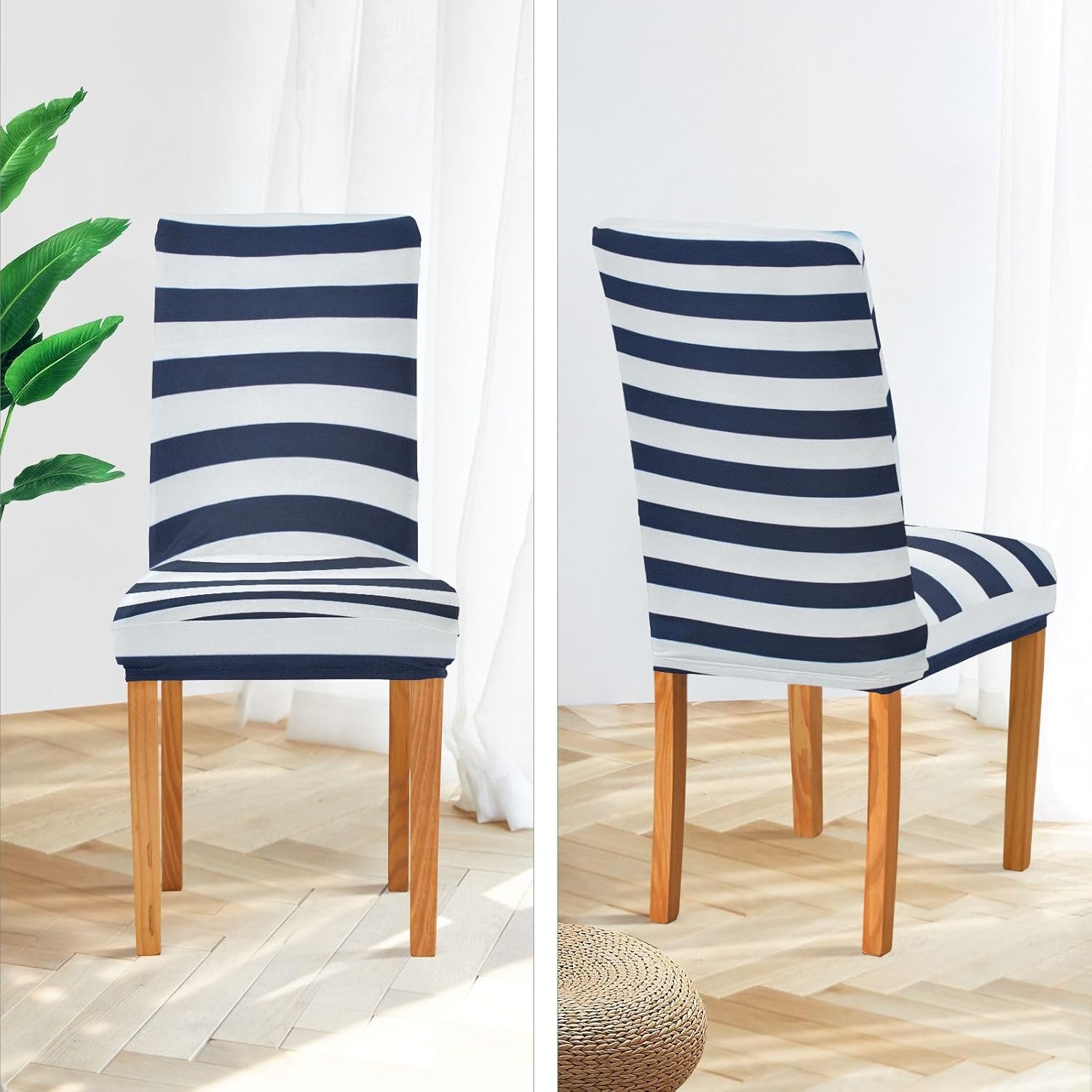 ALAZA Chair Covers for Dining Room, Navy Blue White Striped Stretch Chair Cover Sets Chair Protector Removable Washable for Ktichen Restaurant Hotel
