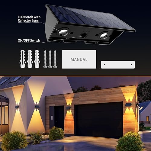 Miniatura 8 de Luces solares para valla, paquete de 6 luces solares para exteriores, color blanco cálido + RGB arriba y abajo, impermeables, 100 lúmenes, del