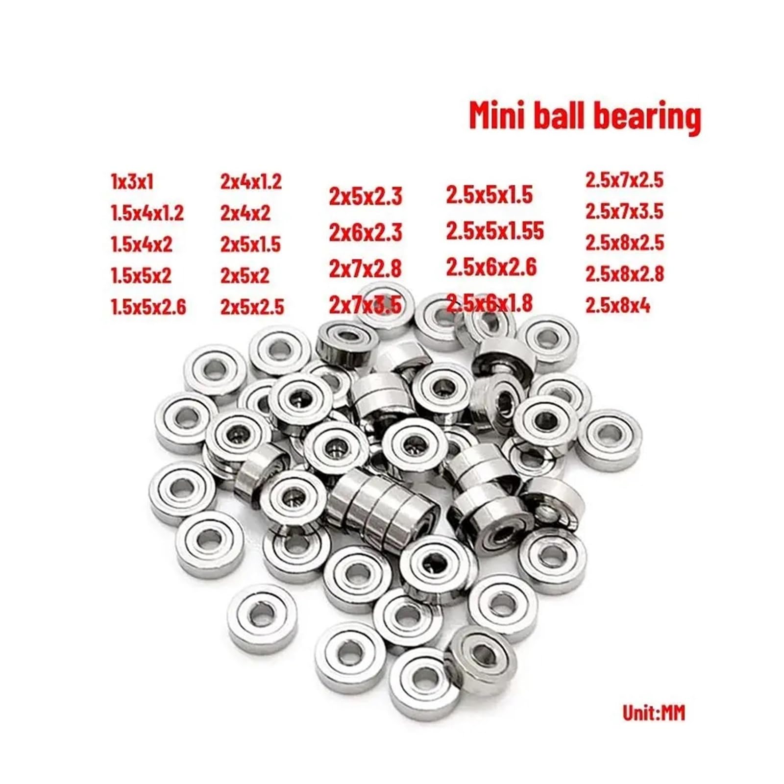Lot de 10/50/100 Mini roulements à Billes à Gorge Profonde de Haute qualité, diamètre intérieur: 1, 1,5, 2, 2,5mm, diamètre extérieur: 3, 4, 5, 6, 7, 8mm(100Pcs,2.5x6x1.8 Open)