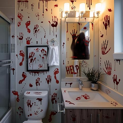 Calcomanías de pared de huellas de manos sangrientas de Halloween, calcomanías de pared para decoración de fiesta de Halloween, decoración interior