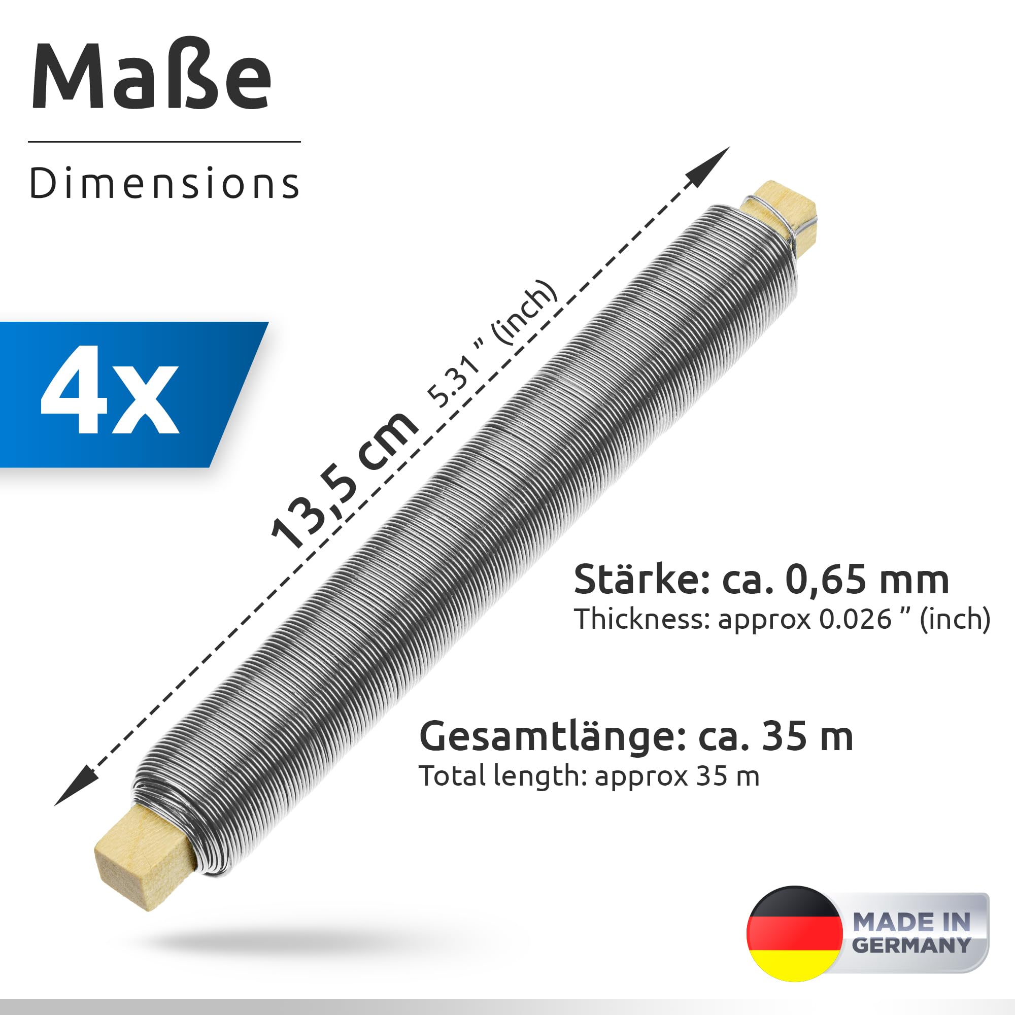 ECENCE 4x alambre de hierro para flores galvanizado, 0,65 mm alambre de unión a granel sobre base de madera, alambre de jardinería para fijar plantas y flores, alambre de fijación para jardín 35 m