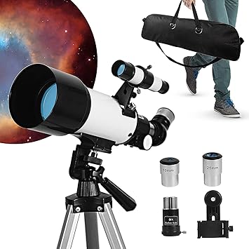 DROZIP Astronomy Refracter Telescope, Fully Multilayer Optics, 70mm Large Objective Travel Telescope with an Adjustable Tripod, for Kids, Adults, Beginners, White
