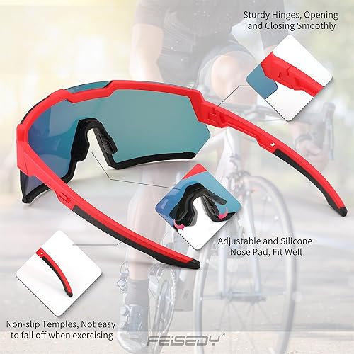 Miniatura 5 de FEISEDY Gafas de sol de ciclismo para hombres y mujeres, con 3 lentes intercambiables, TR90 gafas deportivas de béisbol para jóvenes y adolescentes