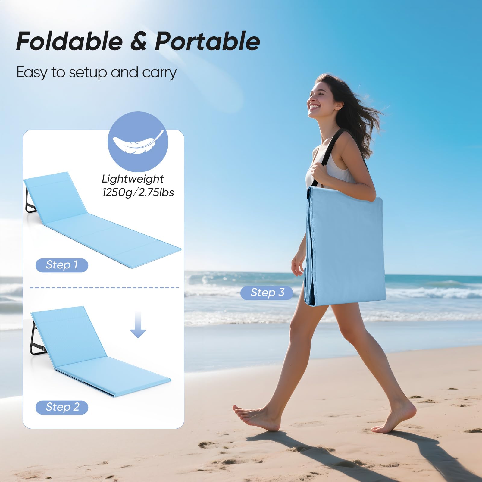 WildFun Chaise de Plage Portable, Chaise de Plage Pliante，Adjustable Lightweight Tanning Chair for Outdoor Sand Camping Sunbathing (1pcs, Bleu et Blanc)