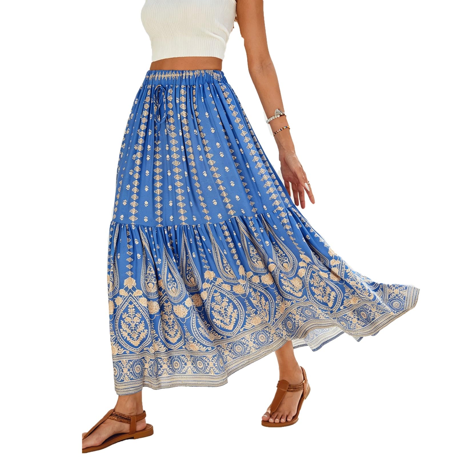 UYHBCNQD Vacation Women's Maxi Skirts Midi Long Skirt High Elastic Waisted(Blu,Lagre)