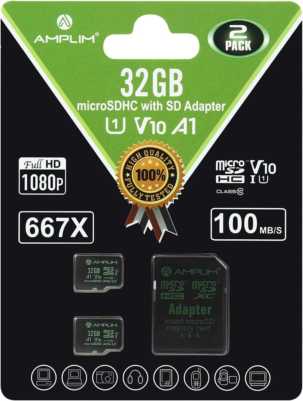 Amplim Micro SD Card 32GB, 2 Pack MicroSD Memory Plus Adapter, MicroSDHC Class 10 UHS-I U1 V10 TF Extreme High Speed Switch, GoPro Hero, Raspberry Pi, Phone Galaxy, Camera Cam, Tablet, PC