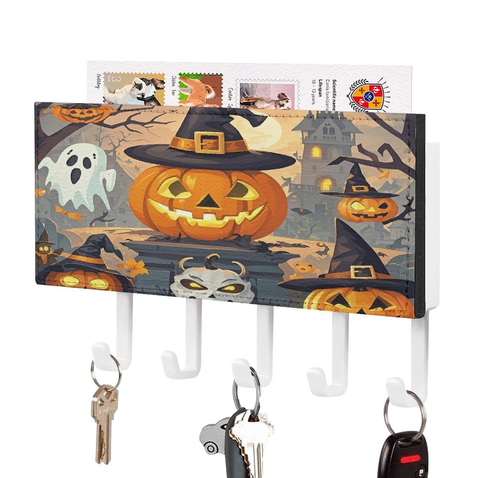 FekiLoot Halloween Pumpkins Key Holder for Wall Decorative Mail Organizer with 5 Key Hook Self Adhesive Key Rack with Tray Coat Rack Wall Mount Key Hanger Decor for Entryway Door