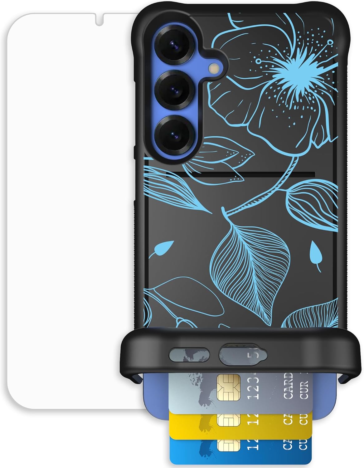 Scooch for Samsung Galaxy S25 Plus Case with Card Holder, Wingmate Wallet Case with Hidden Card Slot and RFID Protection, Bundled with Tempered Glass Screen Protector, Blue Hibiscus