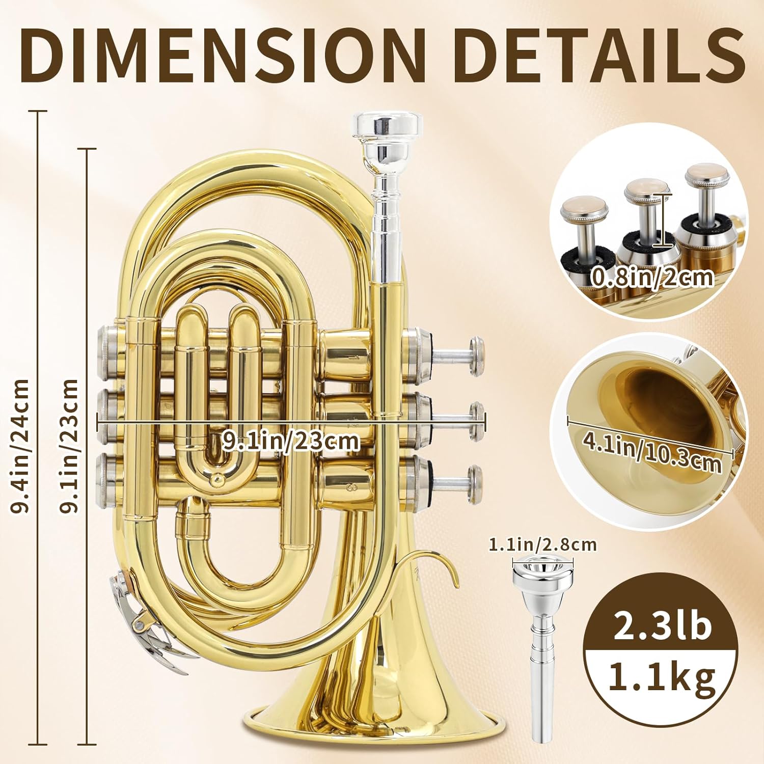 Kmise Bb Portable Pocket Trumpet, Premium Brass Mini Trumpets for Students Beginners, Trumpet Instrument Set with Sturdy Case, 7C Mouthpiece, Beginner's Guide Kit, and Cleaning Kit (Gold Lacquer)