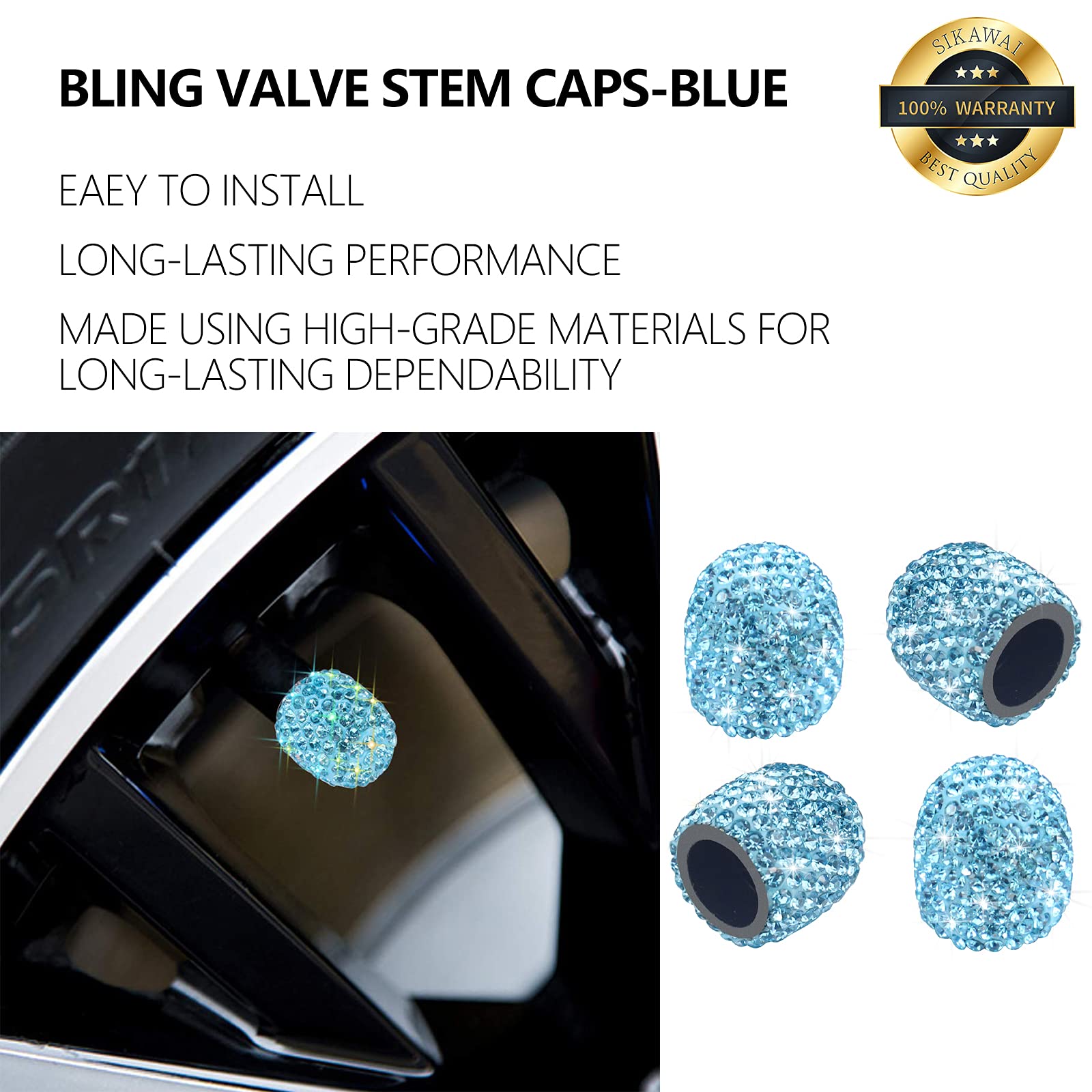 Reifenventilkappen, blau, funkelnd, handgefertigt, Kristall-Strass, universal, für Autoreifen, Chrom-Radkappen, attraktiv, staubdicht, glitzernd, für Auto/Fahrrad/Motorradzubehör, Blau