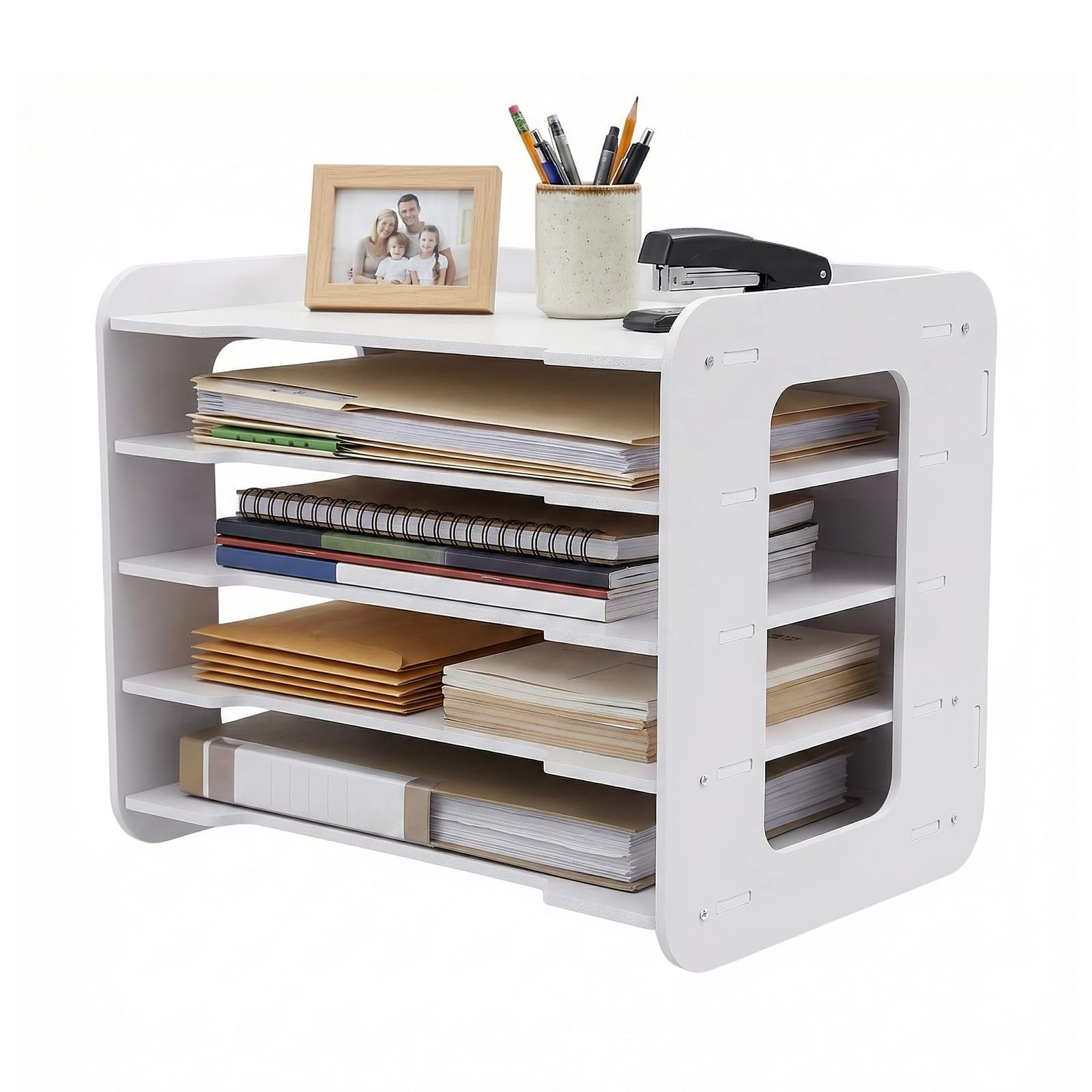 Bandeja para documentos color blanco A4, 5 compartimentos, PVC, organizador de archivos, para oficina, estudio, escuela, oficina