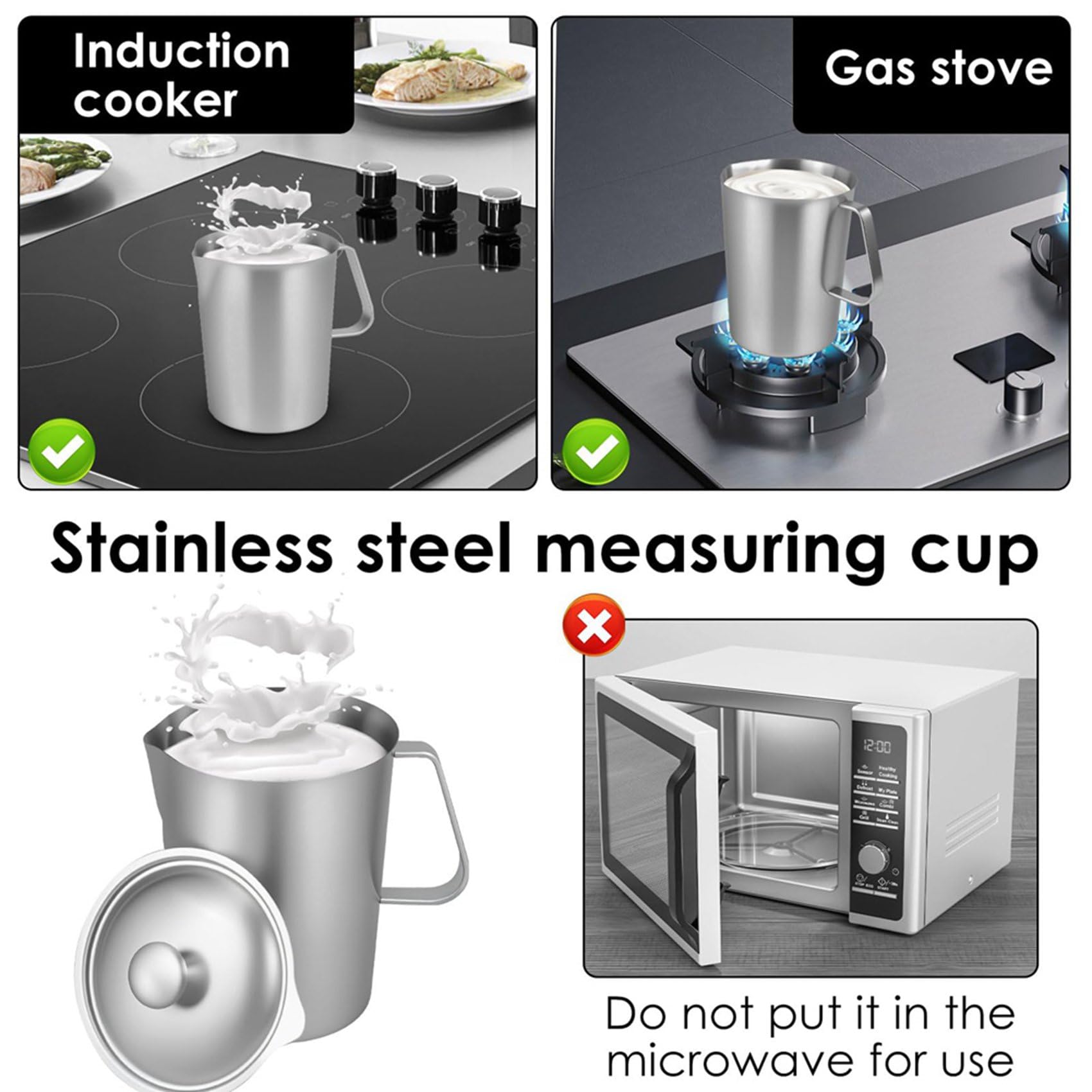 2X 2L Messbecher Aus Edelstahl 304 mit Deckel und Markierung, Milchkännchen für Restaurants zum Kochen, Küche, Kaffee