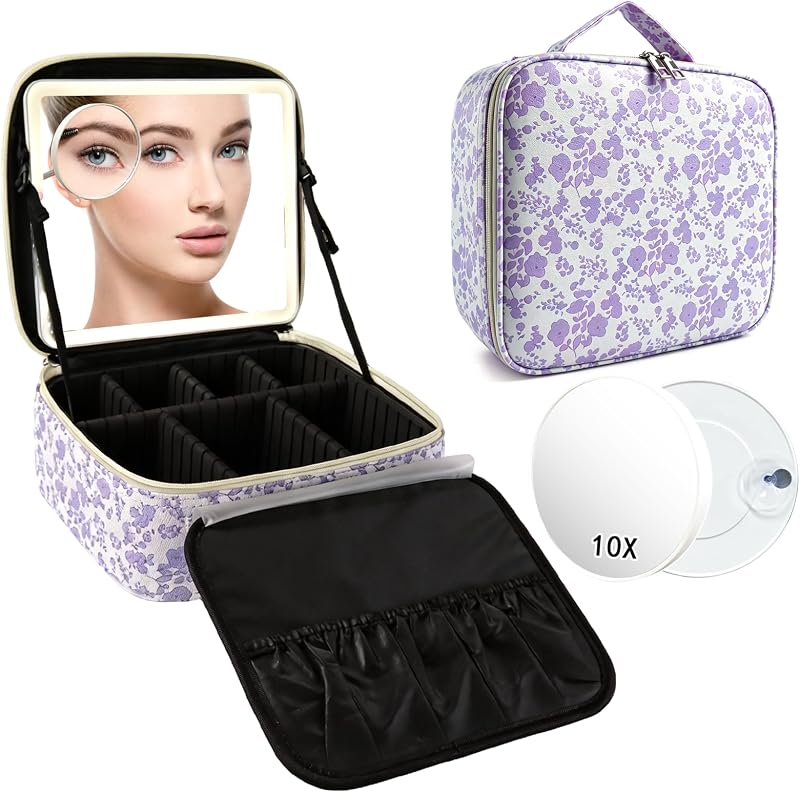 Maleta de maquiagem SLUMAZI com espelho LED removível, divisórias ajustáveis e porta-pincéis – Purple Flower