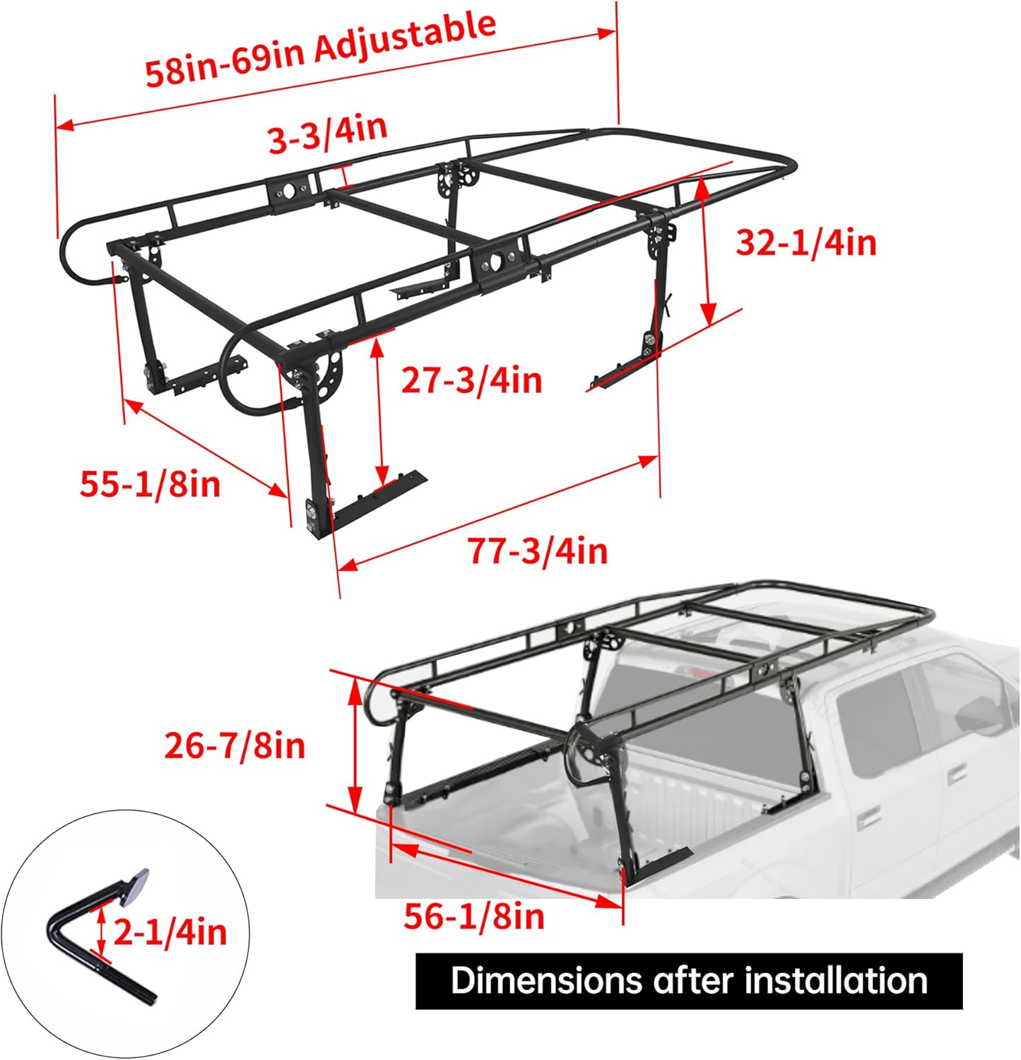 ALMULOO Adjustabl Truck Ladder Rack 60" W x 138" L x 34" H Universal Truck Pickup Bed Contractor Rack Heavy Duty Steel Lumber Utility Kayak Rack 1000lbs