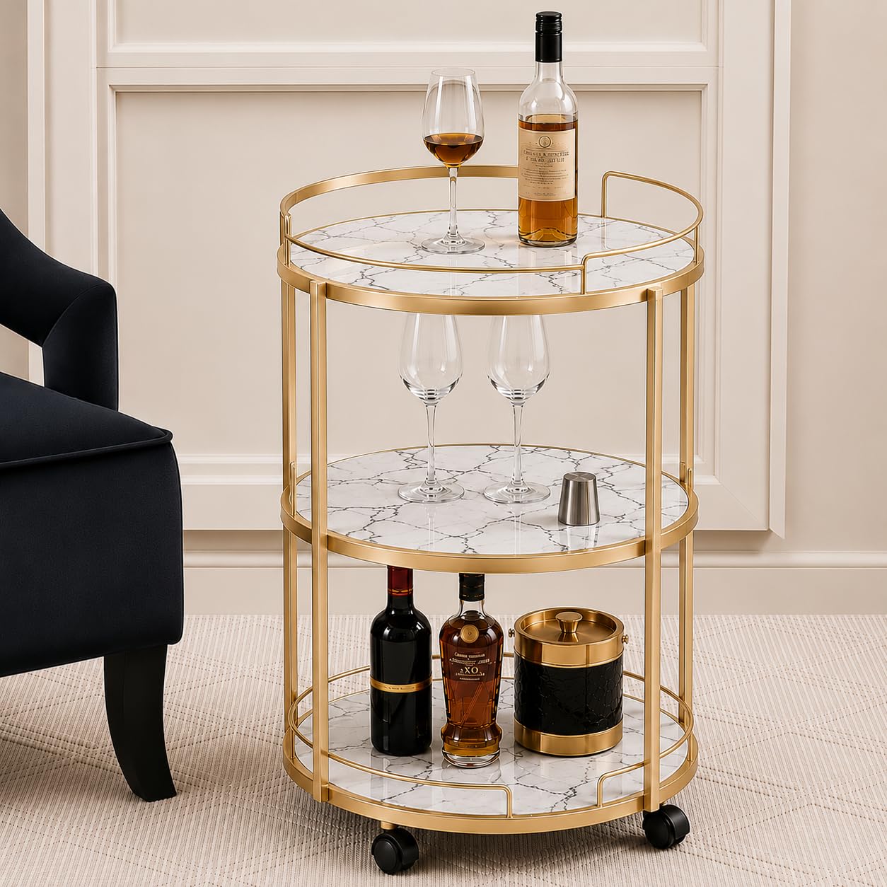 Serving Cart Serving Bar Table 3-Tier Trolley Kitchen Trolley Storage Trolley Bar Cart Cabinet On Wheels Hotel Tea Drink Cart Hotel Trolley (Golden White)-image-38