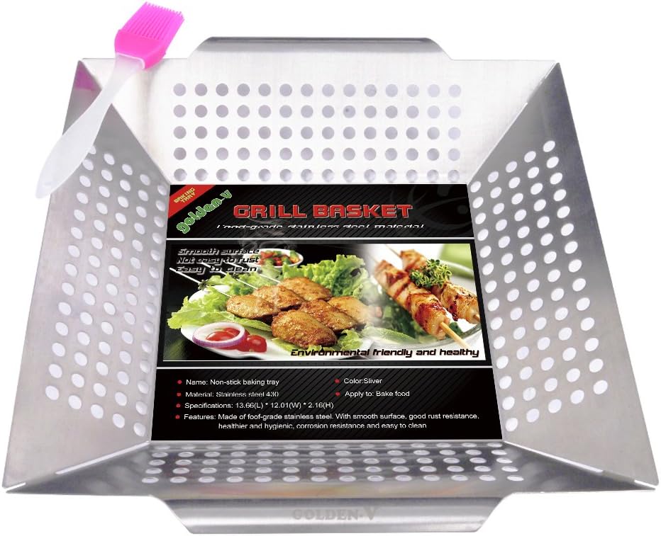 Stainless Steel Nonstick Grill Basket for Vegetable Fish Shrimp Chicken Seafood with Silicone BBQ Brushes
