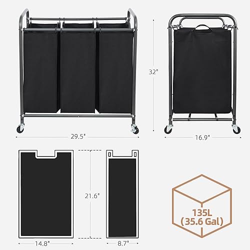 Miniatura 3 de STORAGE MANIAC Clasificador de ropa sucia de 3 secciones, carrito de 3 bolsas con ruedas enrollables resistentes y bolsas extraíbles, organizador de