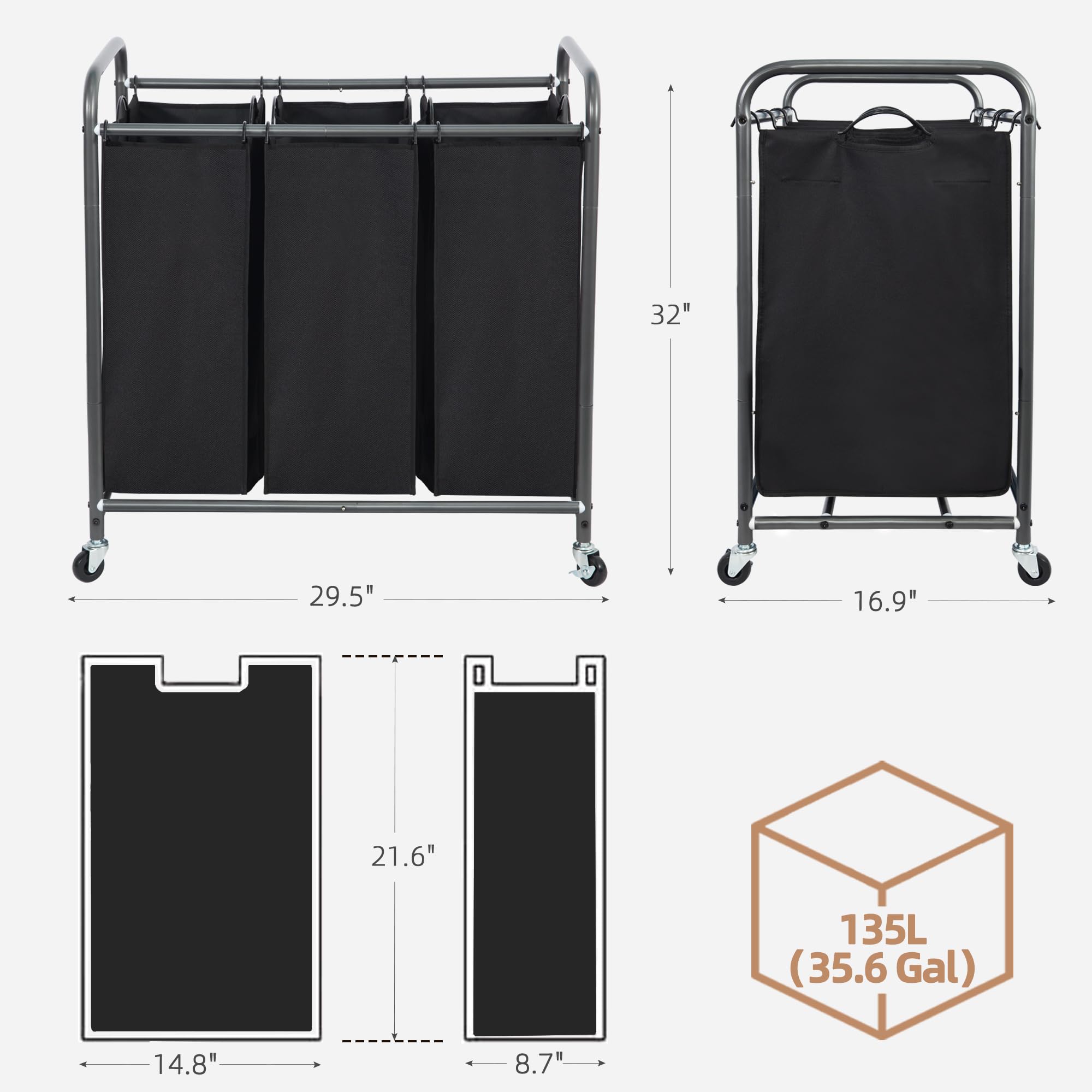 STORAGE MANIAC Sortownik do prania 3-sekcyjny, kosz 136 l na pranie na wózku z mocnymi kółkami blokowanymi i wyjmowanymi torbami, organizer separator ubrań, czarny