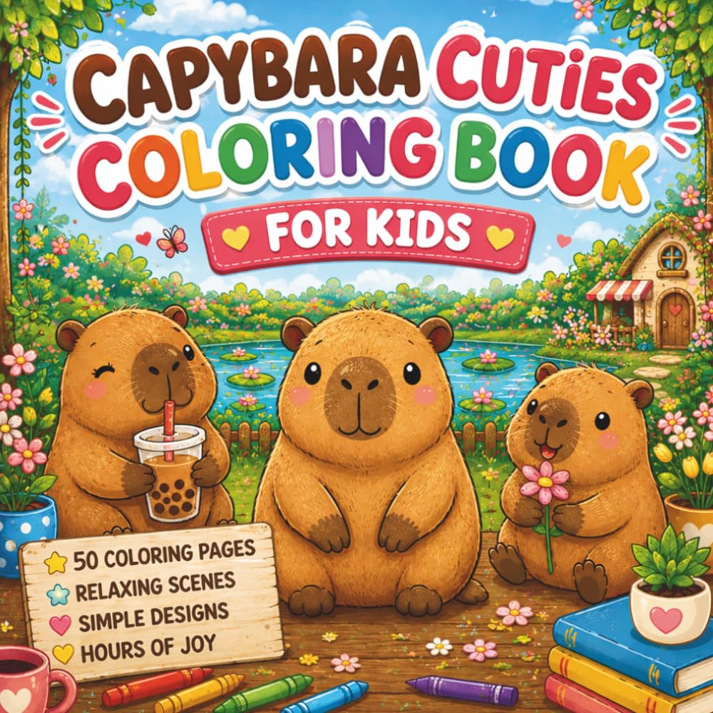 Capybara Cuties Coloring Book for Kids: Fun and Easy Cute Animal Coloring Pages Featuring Cozy Capybaras, Sweet Scenes, and Creative Activities for Kids